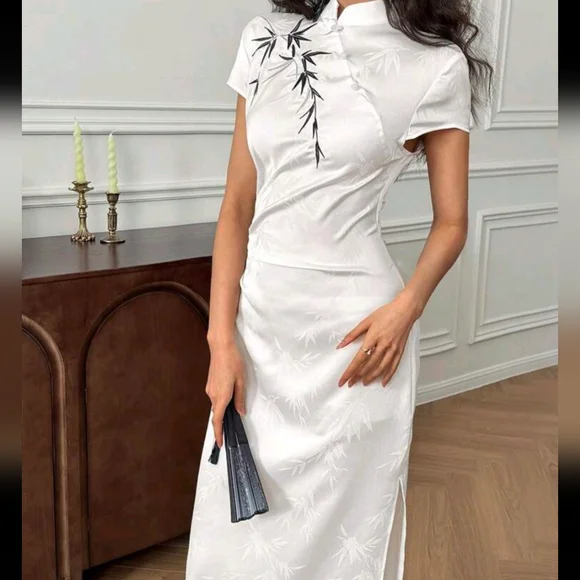 Women's Plant Printed Button Down Short Sleeve Mid-Length Chines Style Dress - Picture 4 of 4